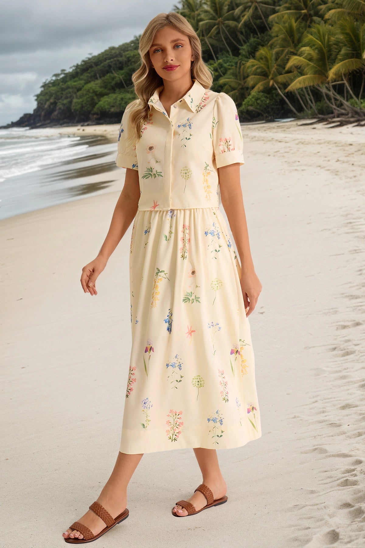 Tankaneo Womens Floral Print Shirt Dress Short-Sleeve Collared Midi Casual Dress