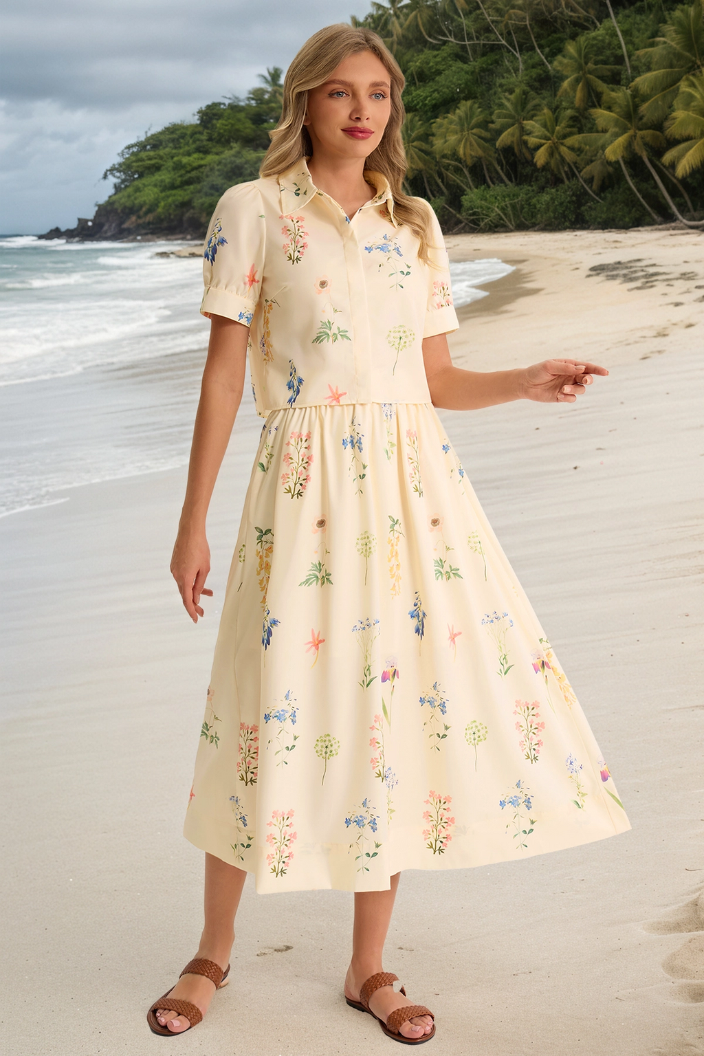 Tankaneo Womens Floral Print Shirt Dress Short-Sleeve Collared Midi Casual Dress