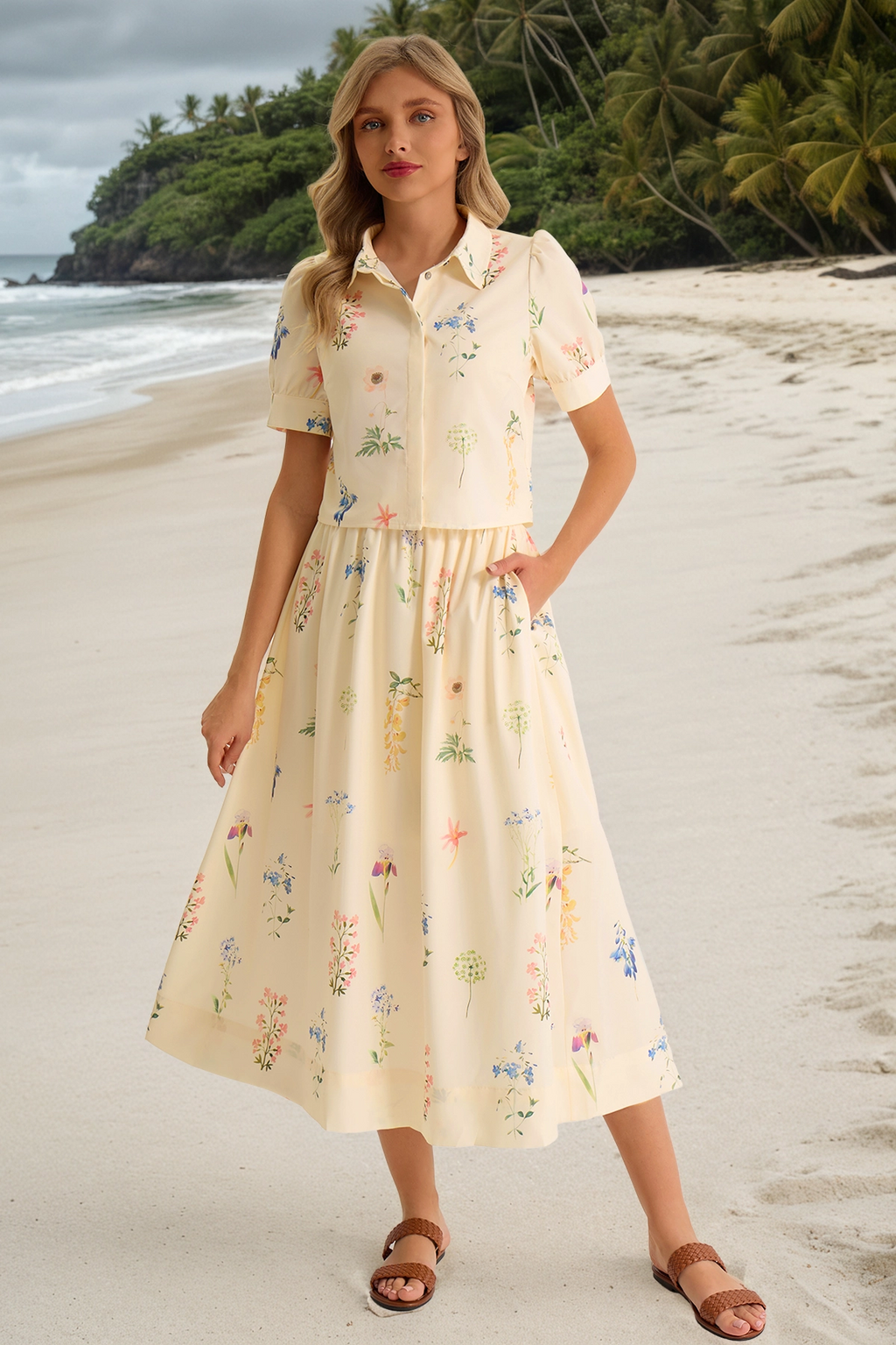 Tankaneo Womens Floral Print Shirt Dress Short-Sleeve Collared Midi Casual Dress