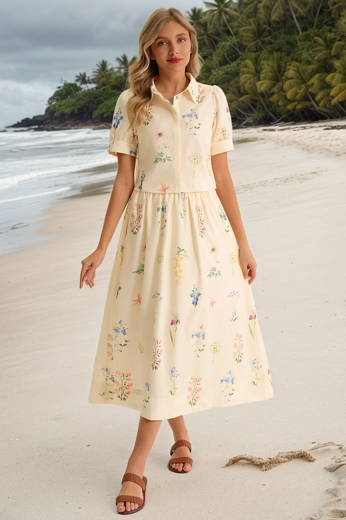 Tankaneo Womens Floral Print Shirt Dress Short-Sleeve Collared Midi Casual Dress