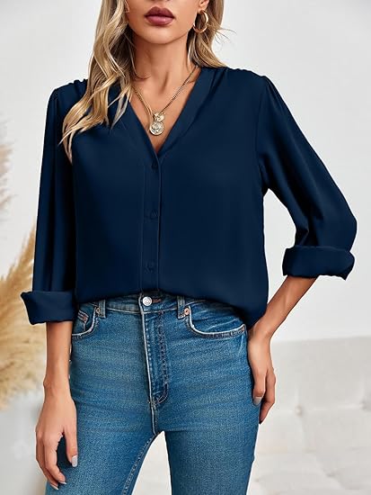 Tankaneo Business Casual Tops Summer Long Sleeve Button Down Shirts V Neck Chiffon Blouses