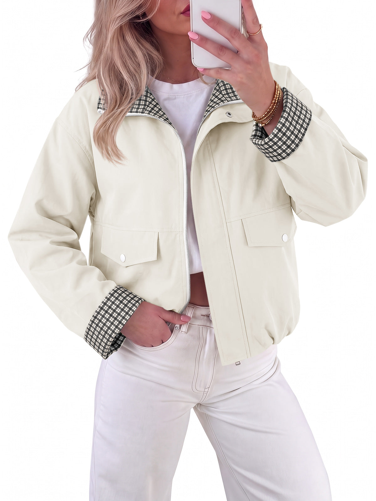 Tankaneo Women's Collar Plaid Trim Jacket