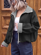 Tankaneo Women's Collar Plaid Trim Jacket