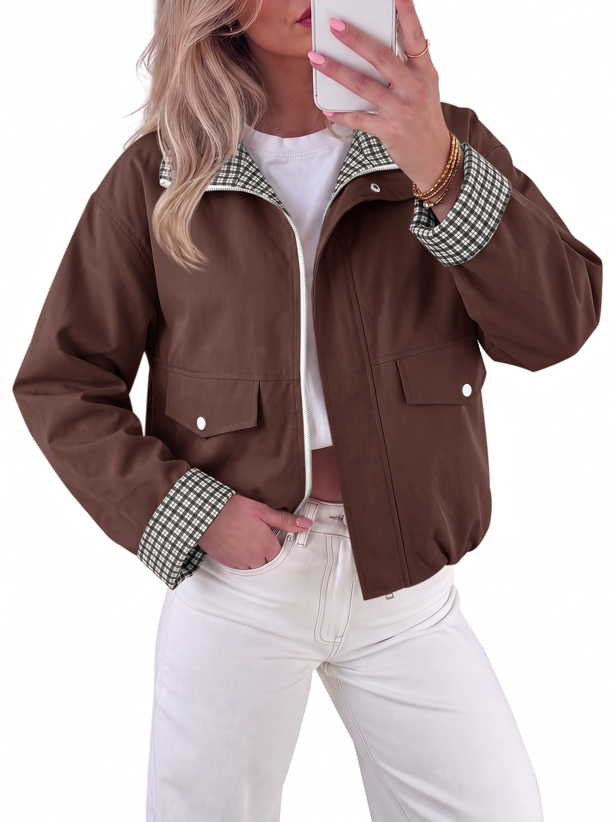 Tankaneo Women's Collar Plaid Trim Jacket