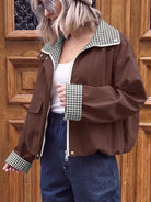 Tankaneo Women's Collar Plaid Trim Jacket