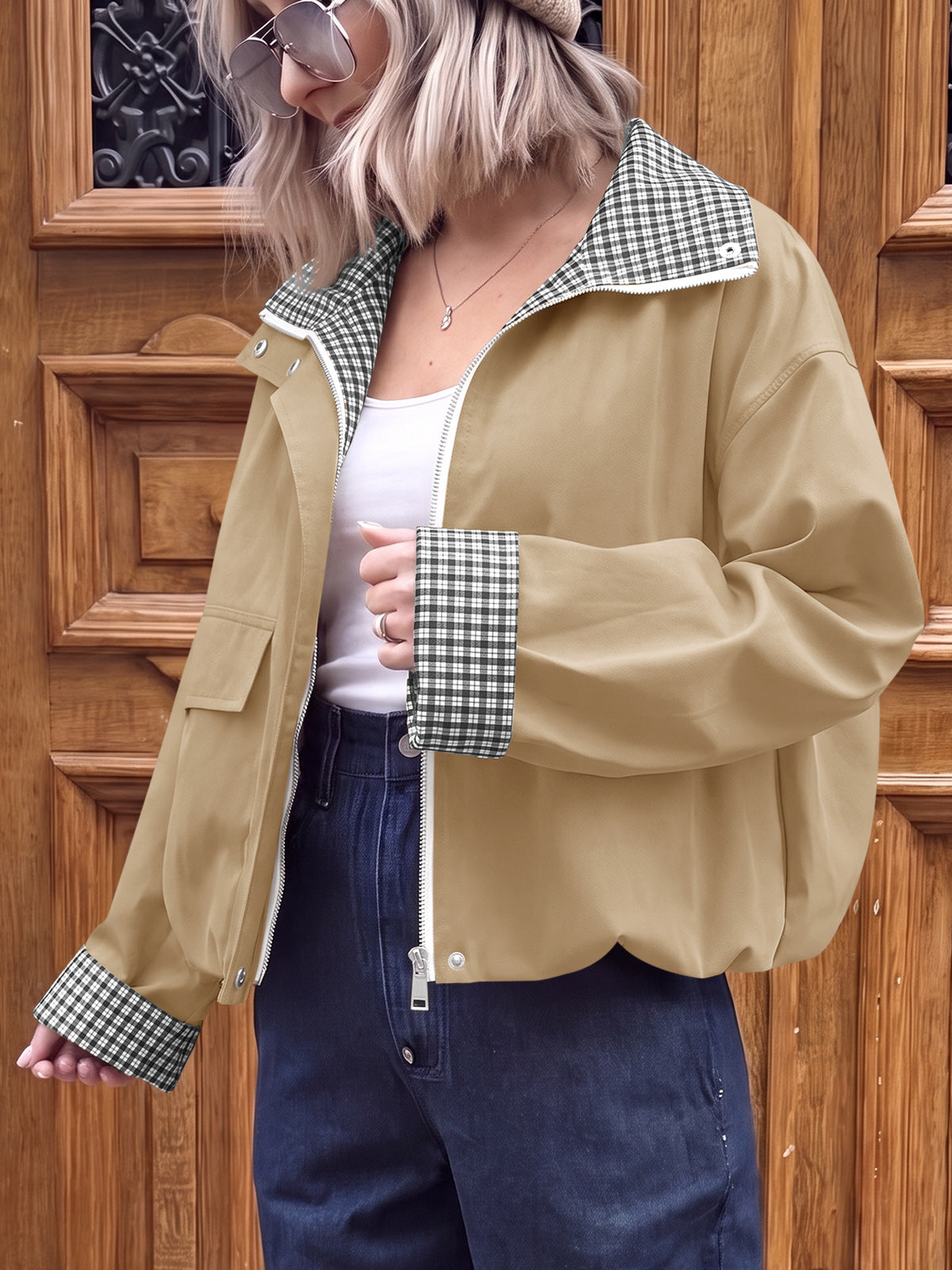 Tankaneo Women's Collar Plaid Trim Jacket