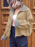 Tankaneo Women's Collar Plaid Trim Jacket