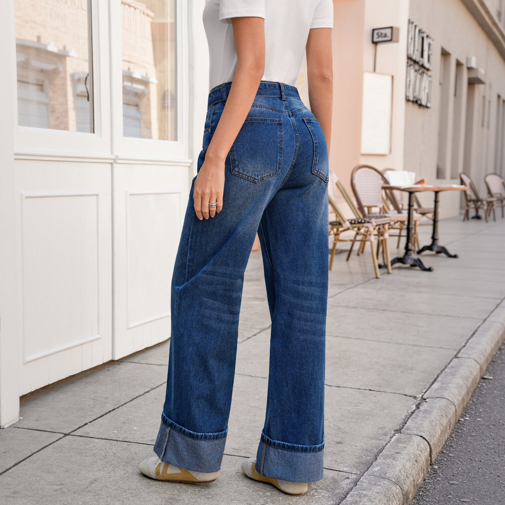 Tankaneo Womens Wide Leg Cuffed Jeans Trendy High Waisted Baggy Boyfriend Casual Denim Pants with Belted