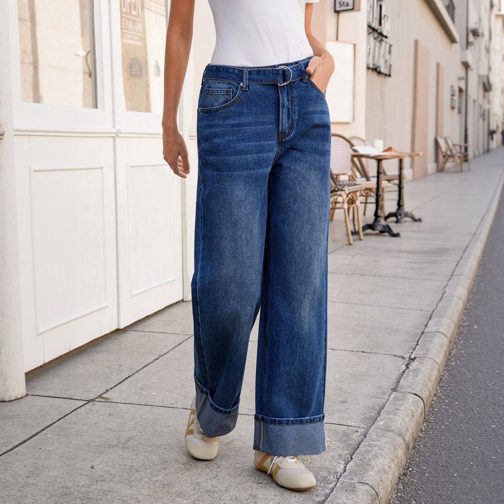 Tankaneo Womens Wide Leg Cuffed Jeans Trendy High Waisted Baggy Boyfriend Casual Denim Pants with Belted