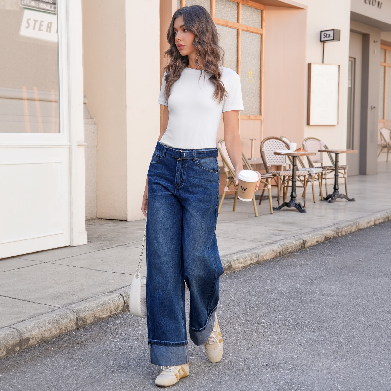 Tankaneo Womens Wide Leg Cuffed Jeans Trendy High Waisted Baggy Boyfriend Casual Denim Pants with Belted