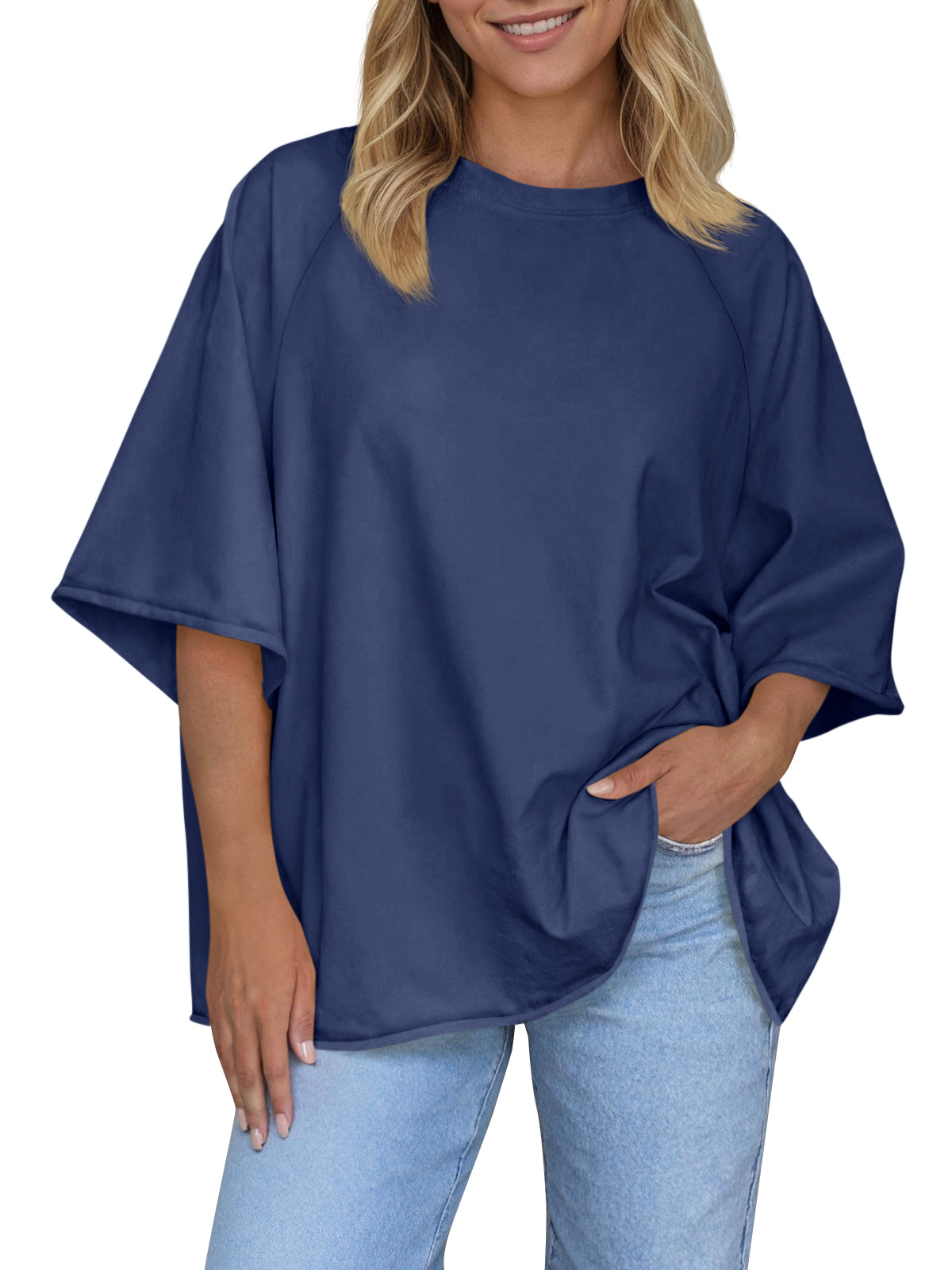 Tankaneo Womens Oversized Half Sleeve T-Shirts Trendy Casual Loose Fit Tops Summer Crew Neck Baggy Shirts