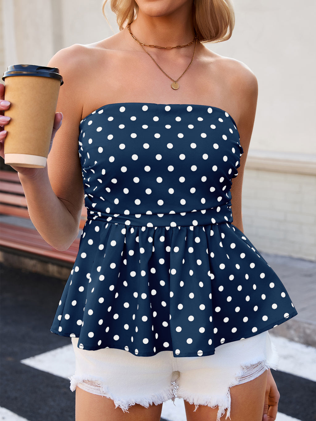 Tankaneo Womens Strapless Polka Dot Tube Tops Cute Backless Peplumn Ruffle Hem Bandeau Top Slim Fit Y2k Tank Tops