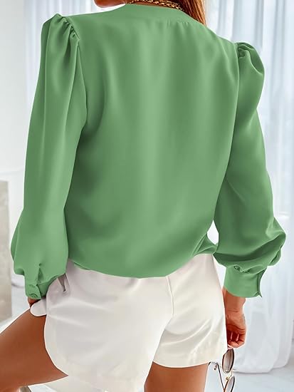 Tankaneo Business Casual Tops Summer Long Sleeve Button Down Shirts V Neck Chiffon Blouses
