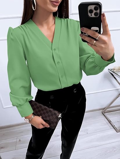 Tankaneo Business Casual Tops Summer Long Sleeve Button Down Shirts V Neck Chiffon Blouses
