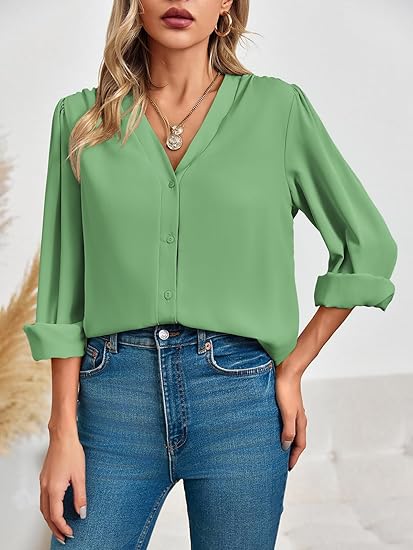 Tankaneo Business Casual Tops Summer Long Sleeve Button Down Shirts V Neck Chiffon Blouses