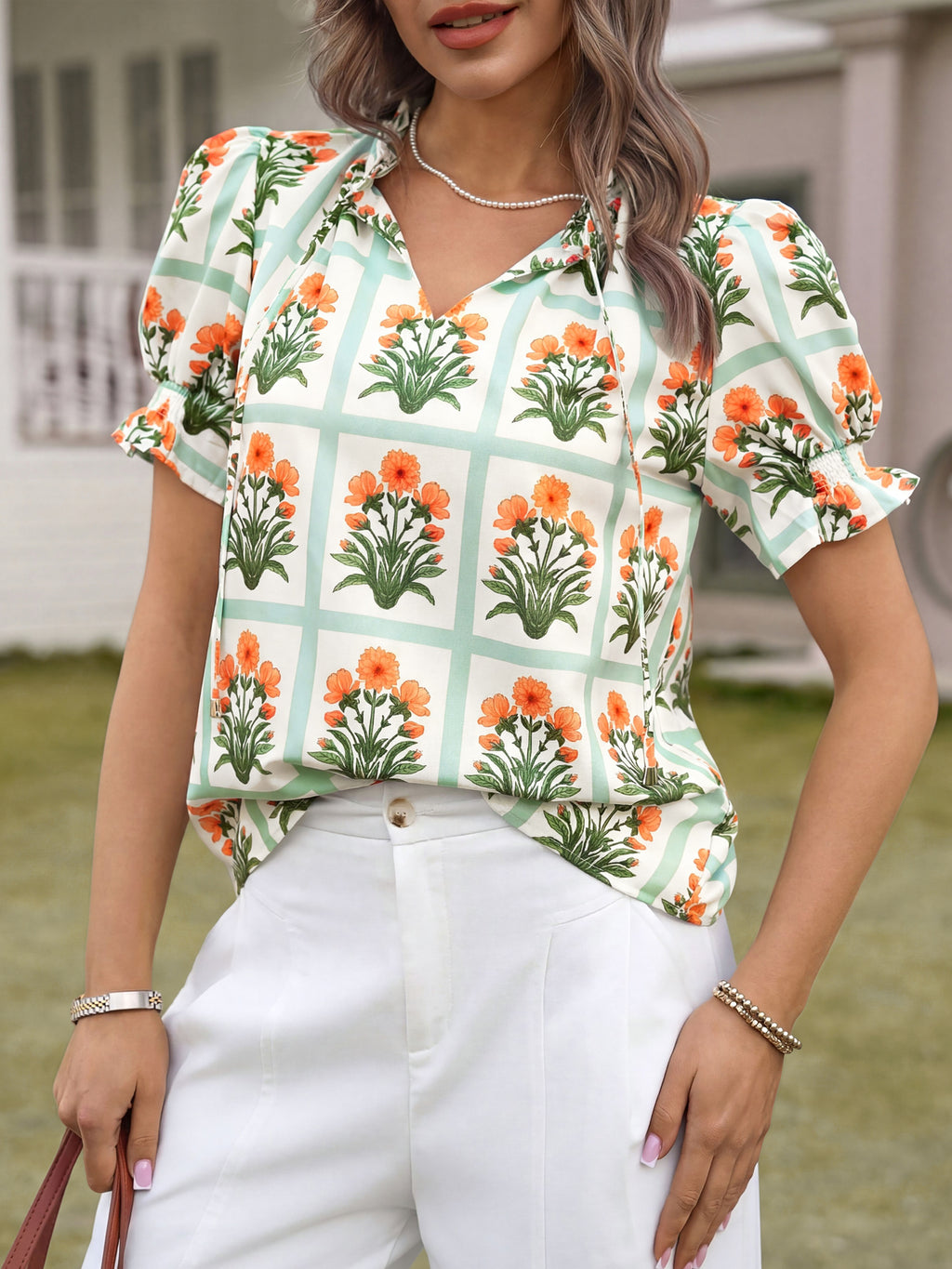 Tankaneo Womens Summer Floral Ruffle V Neck Blouses Dressy Casual Puff Short Sleeve Loose Fit Boho Shirts Tops