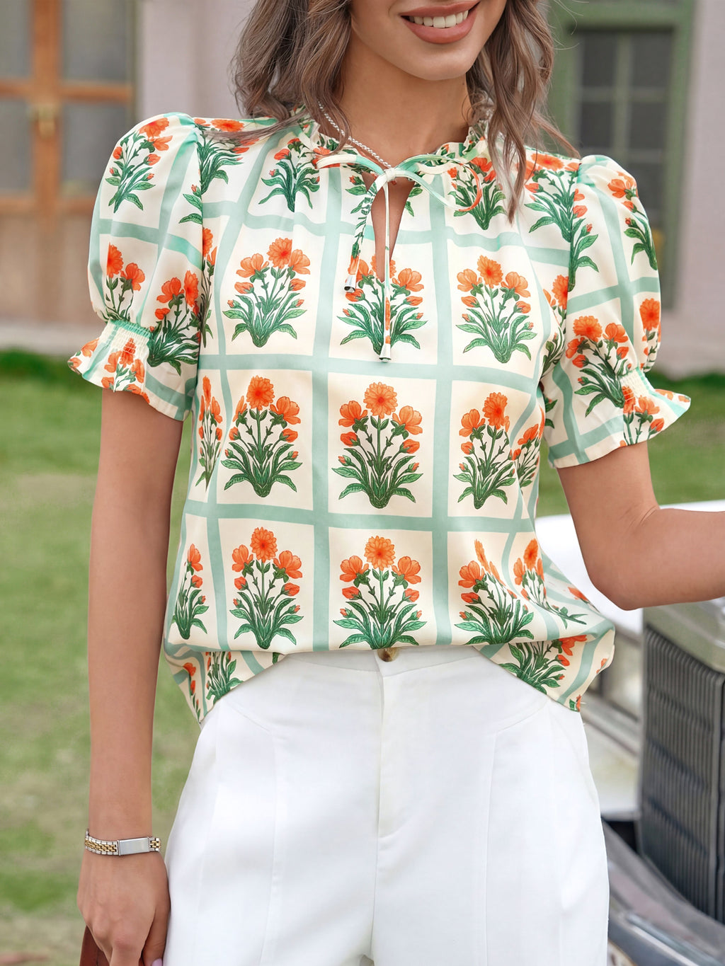 Tankaneo Womens Summer Floral Ruffle V Neck Blouses Dressy Casual Puff Short Sleeve Loose Fit Boho Shirts Tops