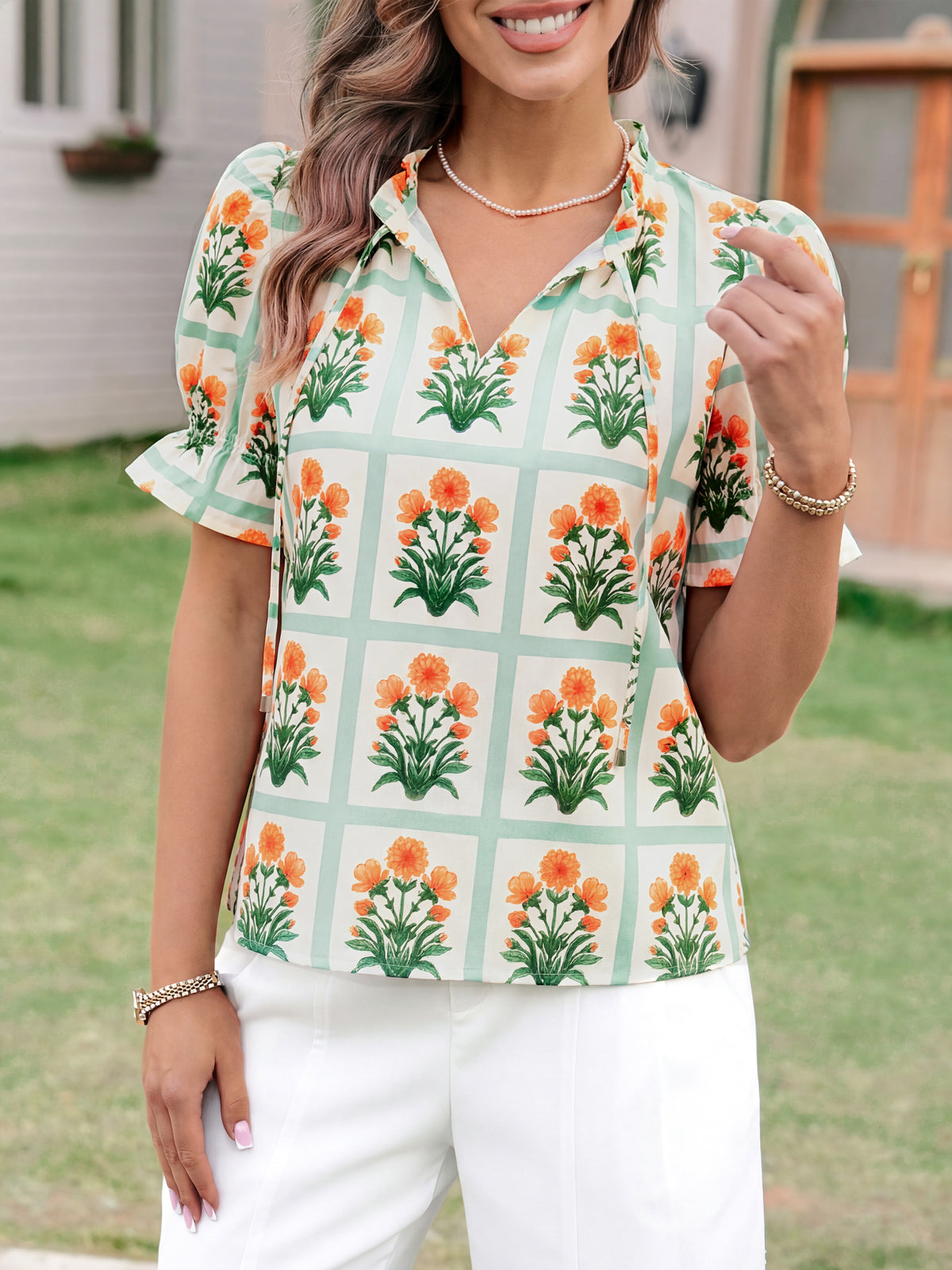 Tankaneo Womens Summer Floral Ruffle V Neck Blouses Dressy Casual Puff Short Sleeve Loose Fit Boho Shirts Tops