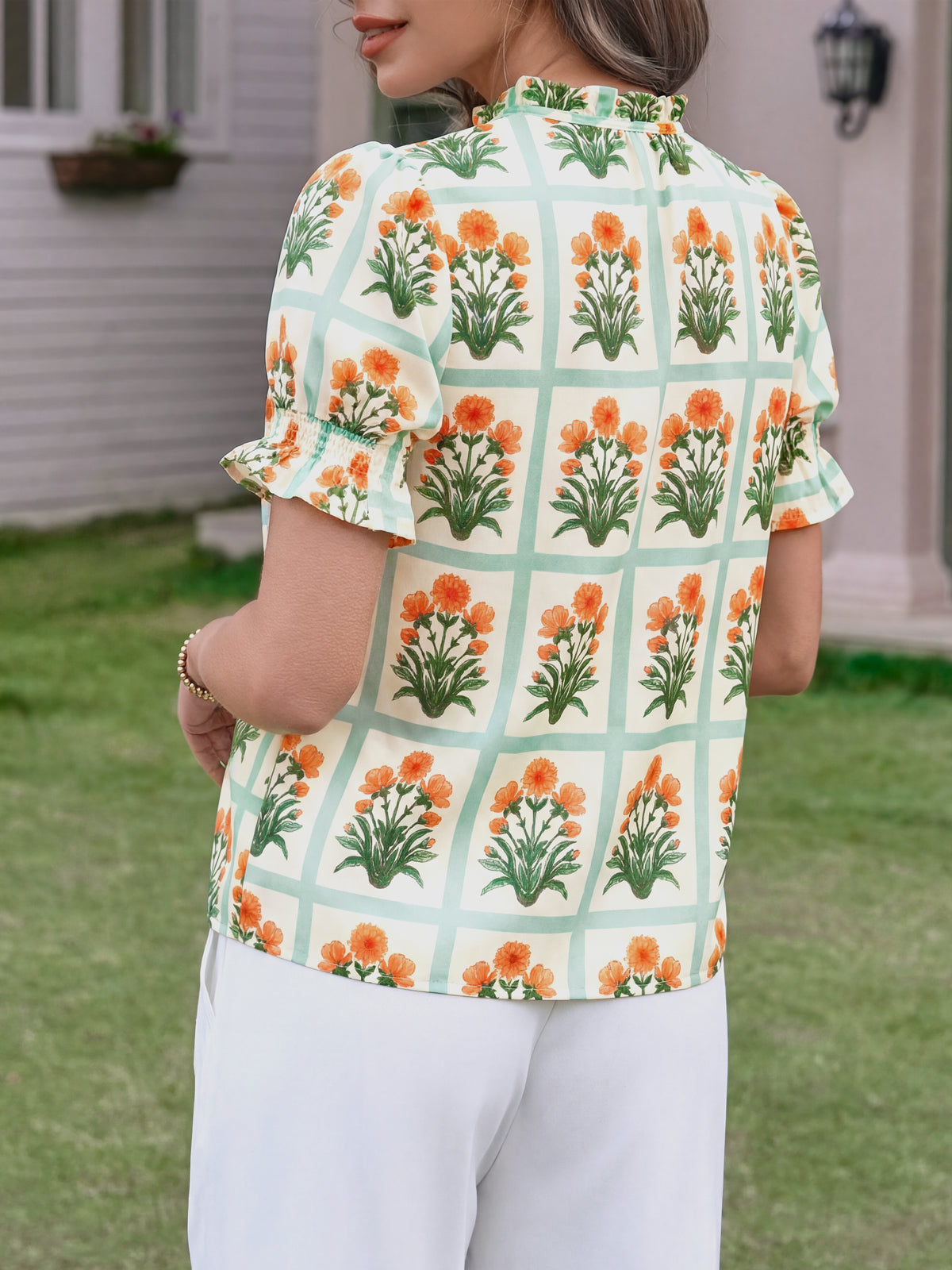 Tankaneo Womens Summer Floral Ruffle V Neck Blouses Dressy Casual Puff Short Sleeve Loose Fit Boho Shirts Tops