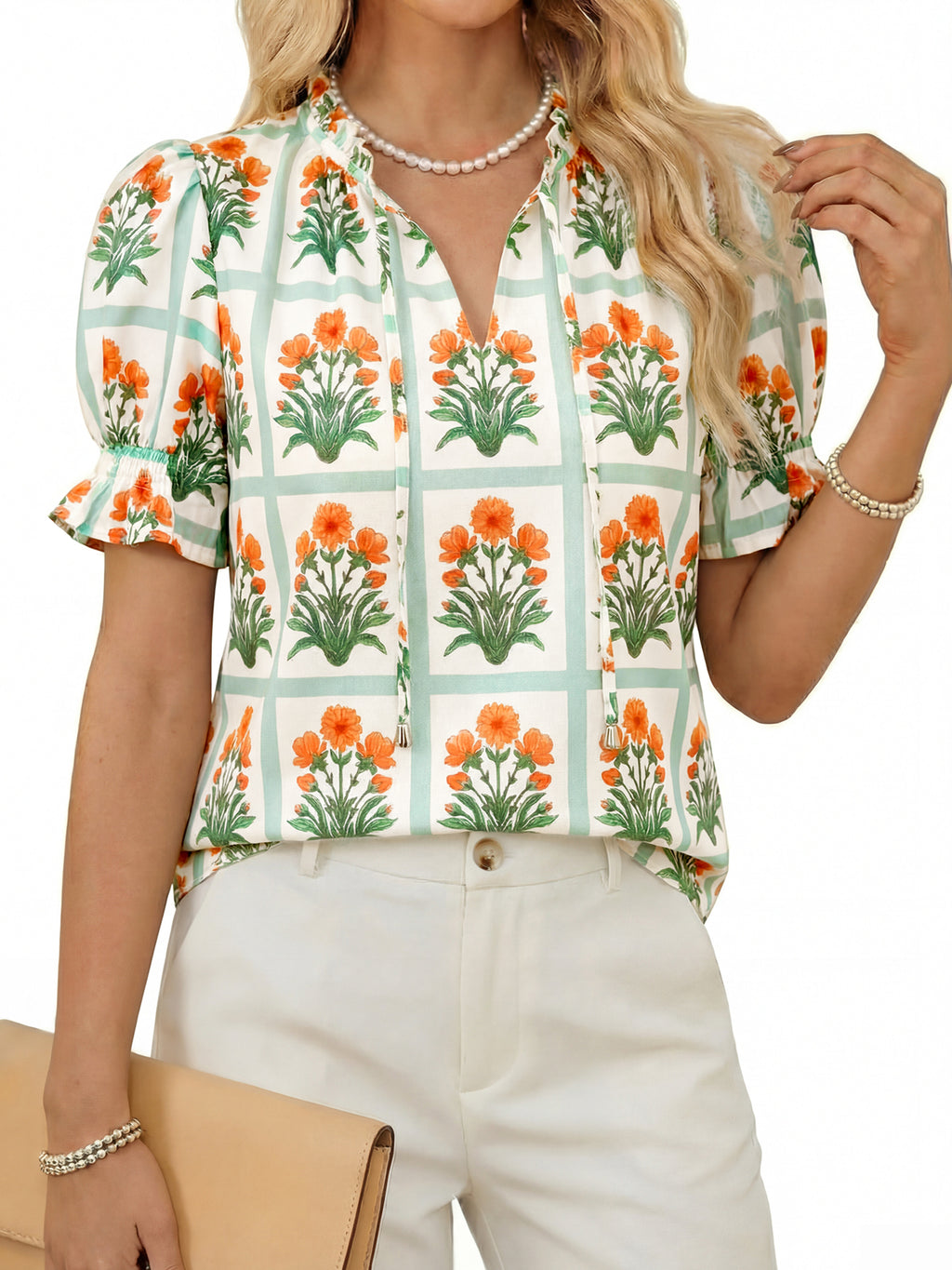 Tankaneo Womens Summer Floral Ruffle V Neck Blouses Dressy Casual Puff Short Sleeve Loose Fit Boho Shirts Tops