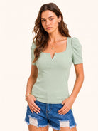 Tankaneo Women's Puff Sleeve Square Neck Knit Top