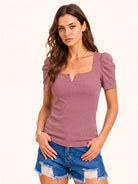 Tankaneo Women's Puff Sleeve Square Neck Knit Top