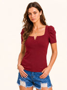 Tankaneo Women's Puff Sleeve Square Neck Knit Top