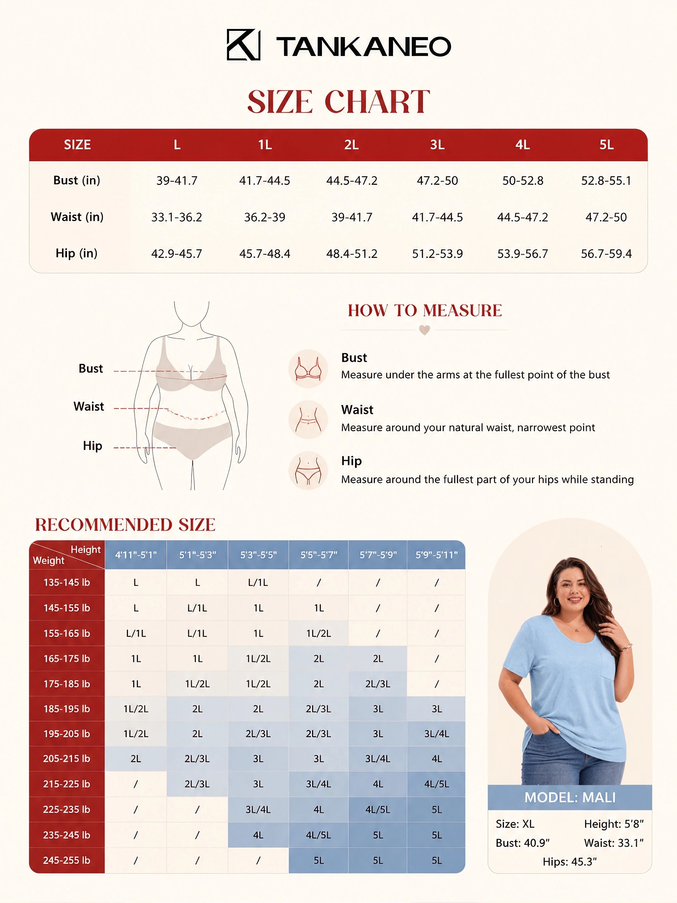 Tankaneo Plus Size Women's Size Chart