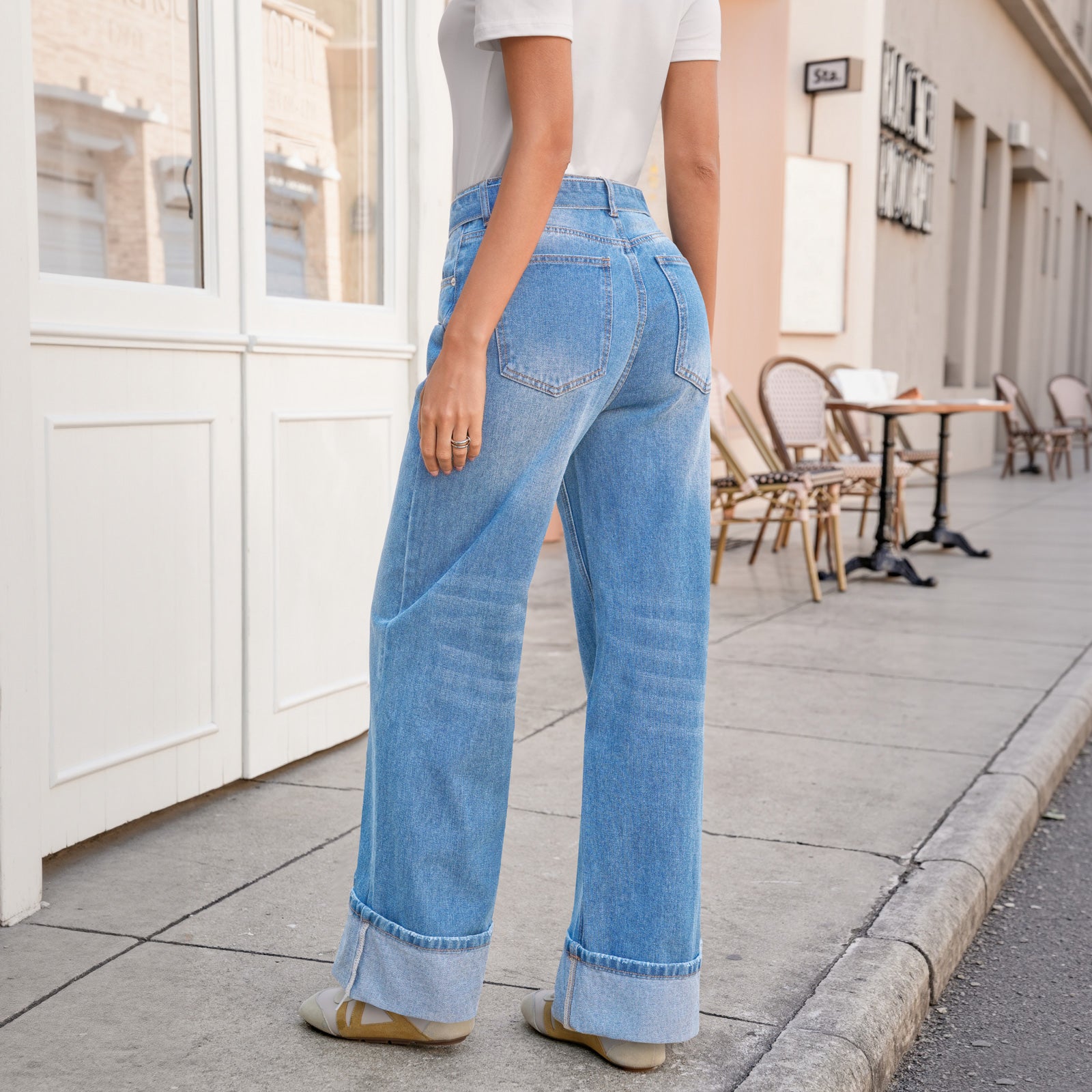 Tankaneo Womens Wide Leg Cuffed Jeans Trendy High Waisted Baggy Boyfriend Casual Denim Pants with Belted