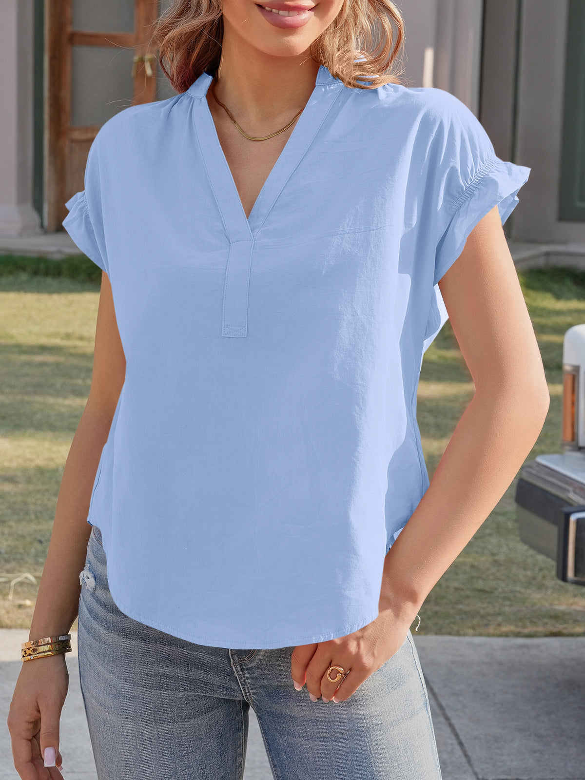 Tankaneo Womens Puff Sleeve V Neck Tops Summer Casual Cotton Blouse Trendy Loose Fit Tunic Shirts