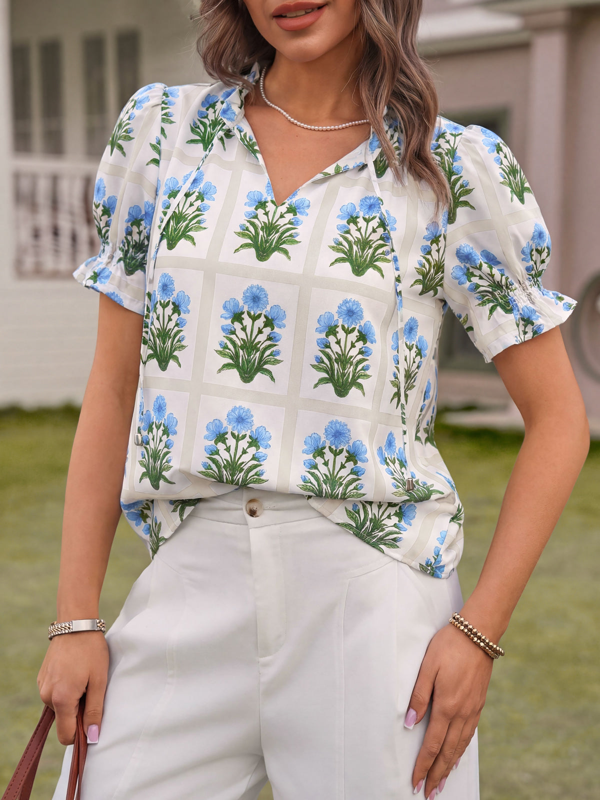 Tankaneo Womens Summer Floral Ruffle V Neck Blouses Dressy Casual Puff Short Sleeve Loose Fit Boho Shirts Tops