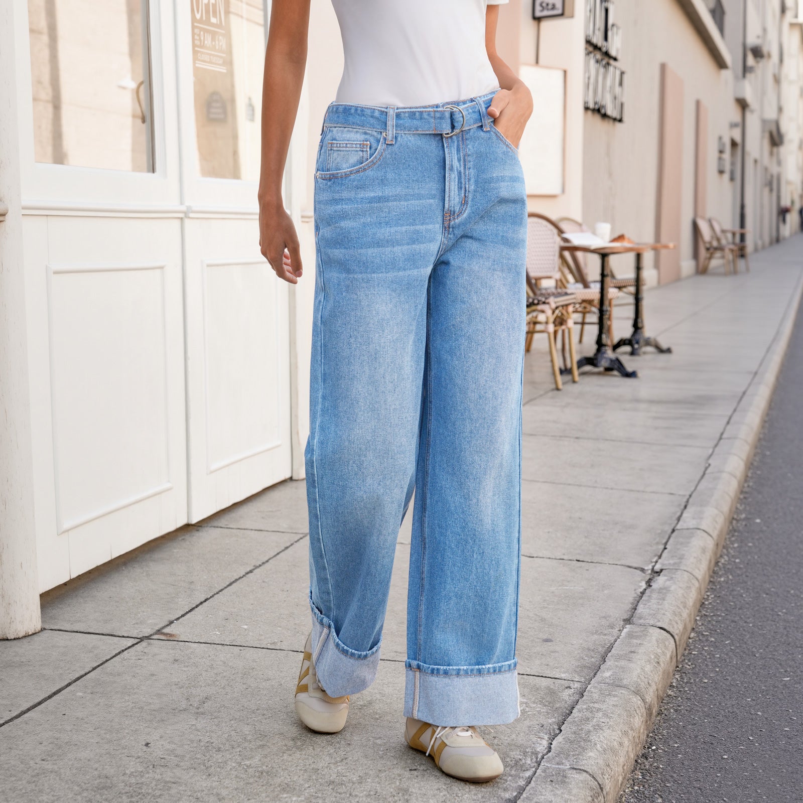 Tankaneo Womens Wide Leg Cuffed Jeans Trendy High Waisted Baggy Boyfriend Casual Denim Pants with Belted