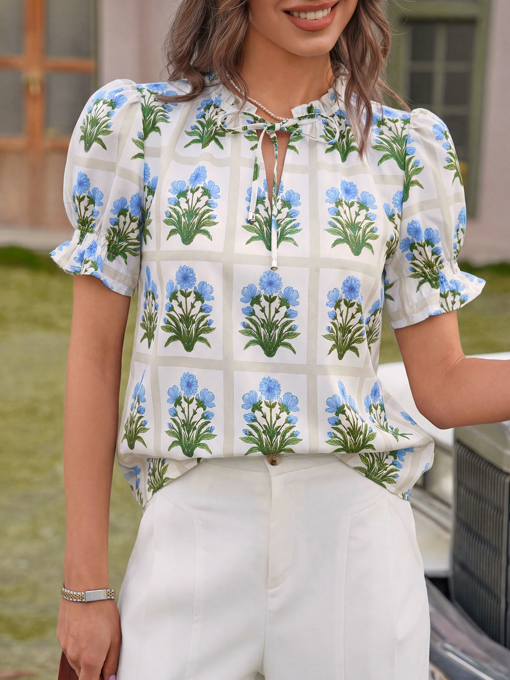 Tankaneo Womens Summer Floral Ruffle V Neck Blouses Dressy Casual Puff Short Sleeve Loose Fit Boho Shirts Tops