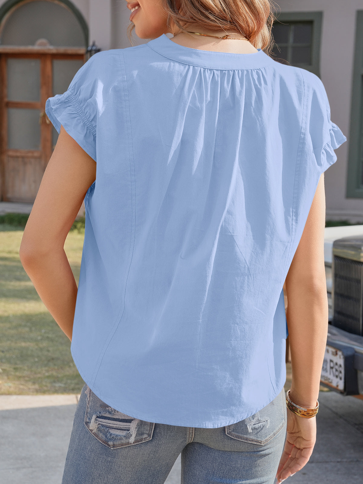 Tankaneo Womens Puff Sleeve V Neck Tops Summer Casual Cotton Blouse Trendy Loose Fit Tunic Shirts