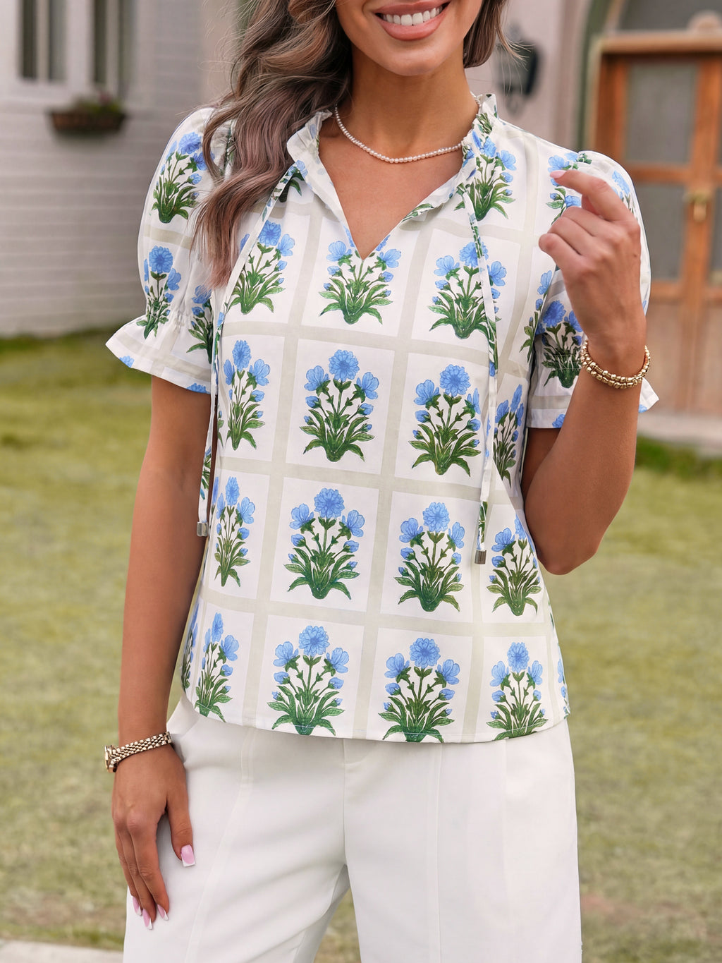 Tankaneo Womens Summer Floral Ruffle V Neck Blouses Dressy Casual Puff Short Sleeve Loose Fit Boho Shirts Tops