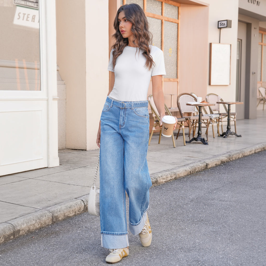 Tankaneo Womens Wide Leg Cuffed Jeans Trendy High Waisted Baggy Boyfriend Casual Denim Pants with Belted