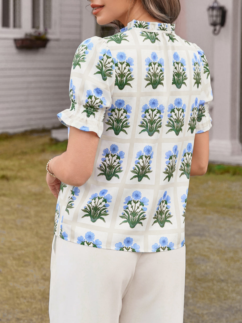 Tankaneo Womens Summer Floral Ruffle V Neck Blouses Dressy Casual Puff Short Sleeve Loose Fit Boho Shirts Tops