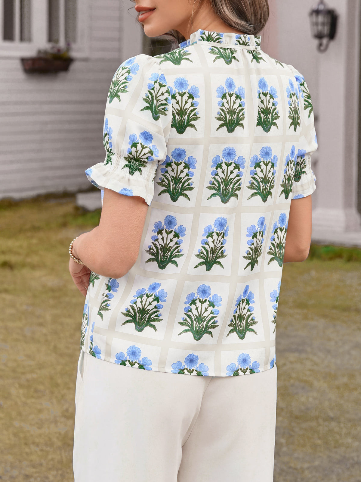 Tankaneo Womens Summer Floral Ruffle V Neck Blouses Dressy Casual Puff Short Sleeve Loose Fit Boho Shirts Tops