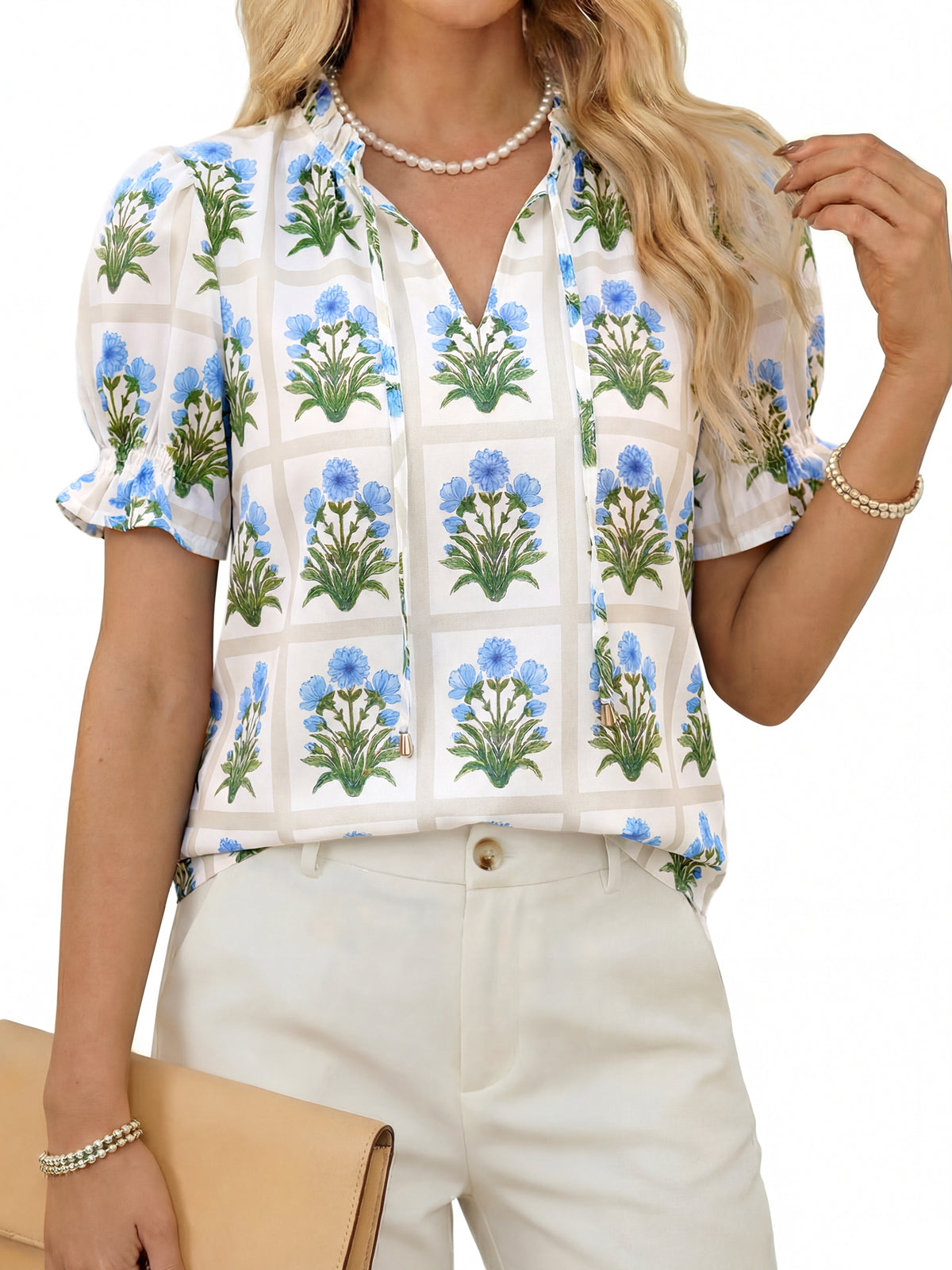 Tankaneo Womens Summer Floral Ruffle V Neck Blouses Dressy Casual Puff Short Sleeve Loose Fit Boho Shirts Tops