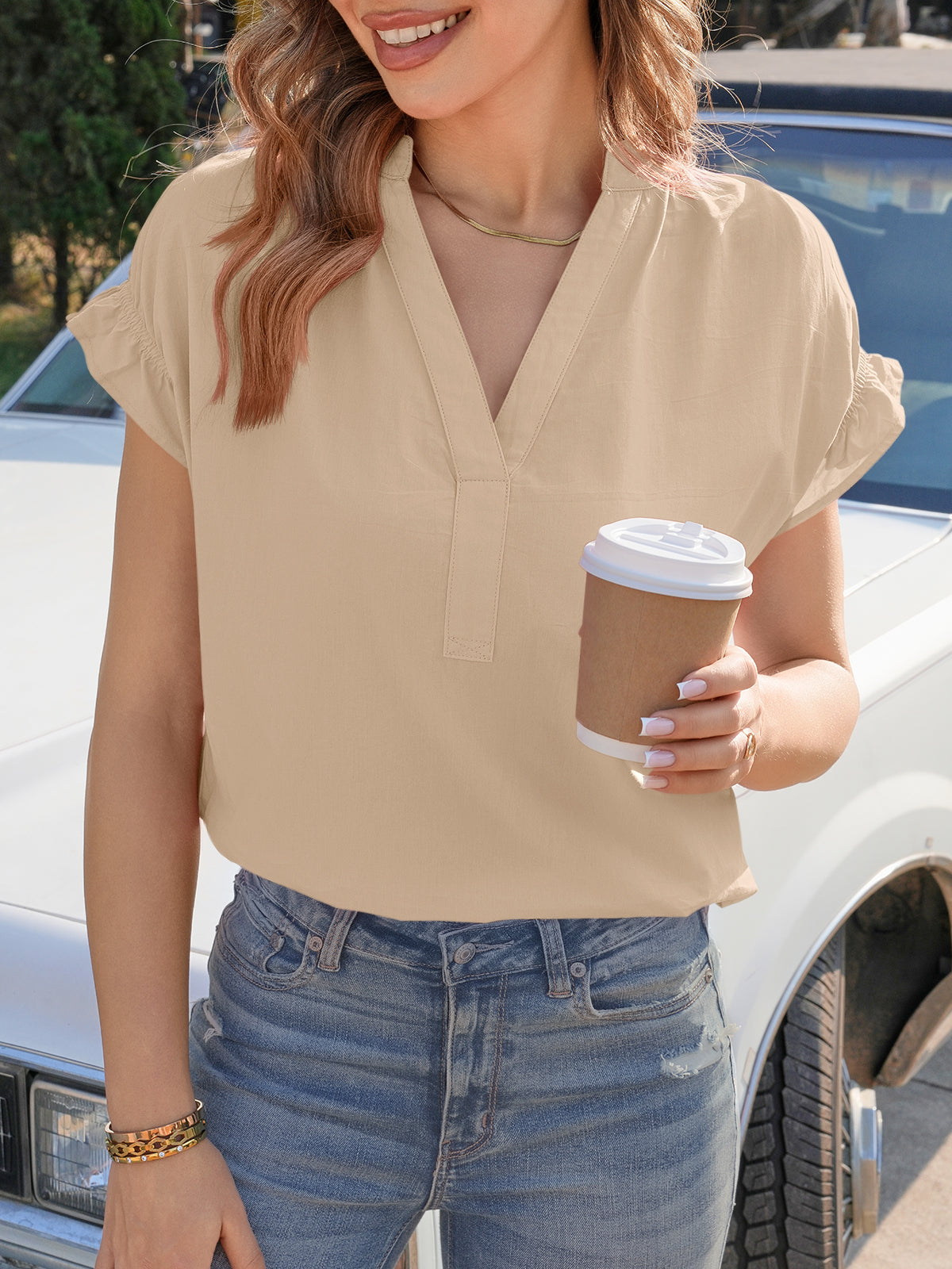 Tankaneo Womens Puff Sleeve V Neck Tops Summer Casual Cotton Blouse Trendy Loose Fit Tunic Shirts