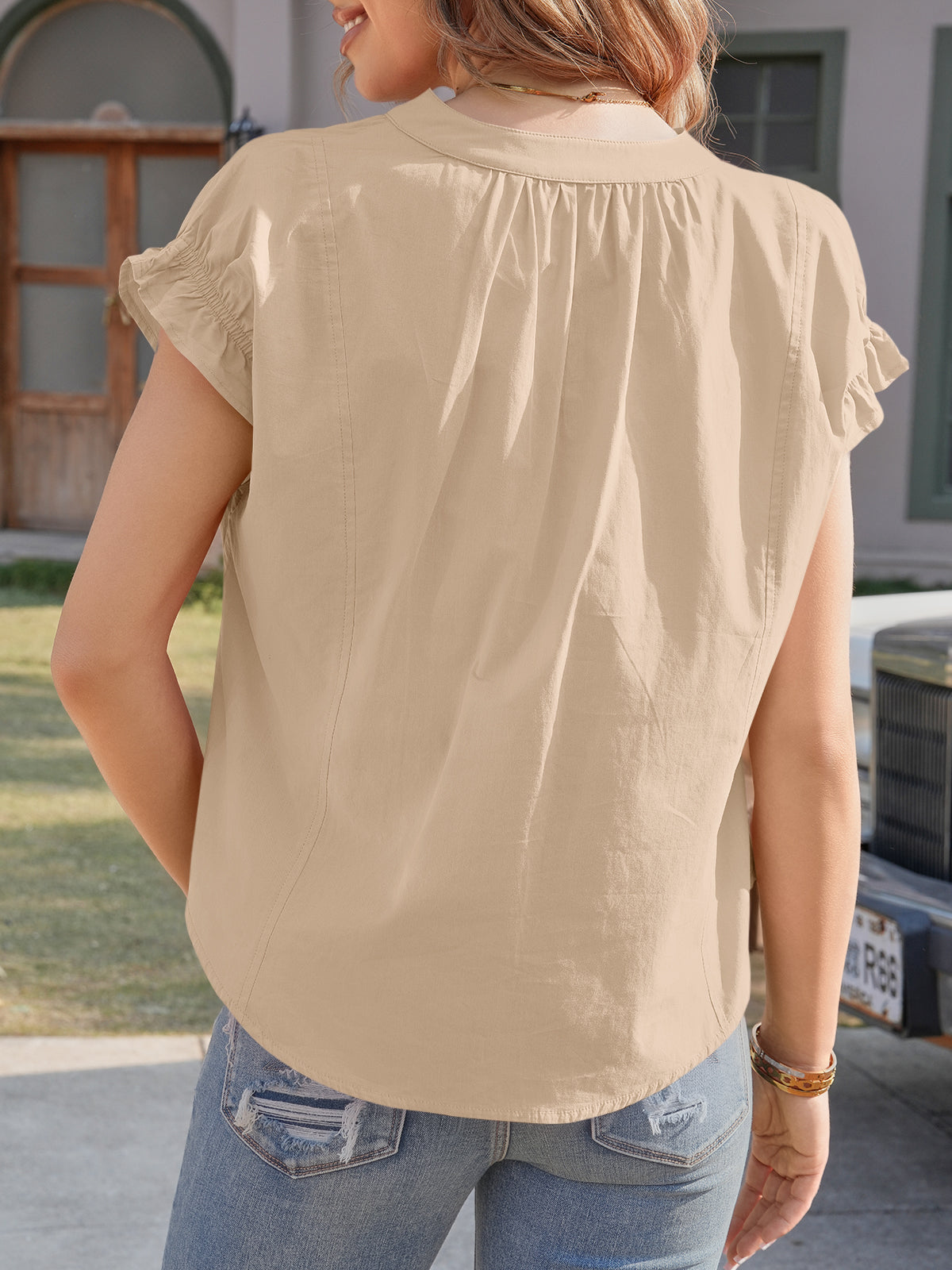 Tankaneo Womens Puff Sleeve V Neck Tops Summer Casual Cotton Blouse Trendy Loose Fit Tunic Shirts