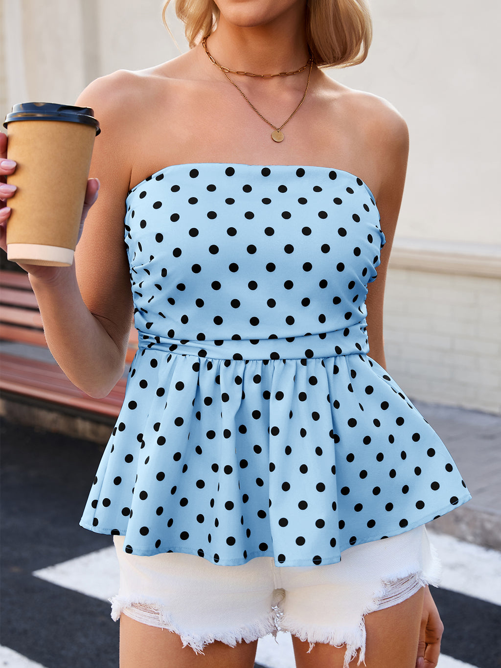 Tankaneo Womens Strapless Polka Dot Tube Tops Cute Backless Peplumn Ruffle Hem Bandeau Top Slim Fit Y2k Tank Tops