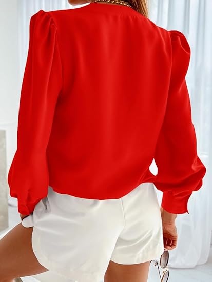 Tankaneo Business Casual Tops Summer Long Sleeve Button Down Shirts V Neck Chiffon Blouses