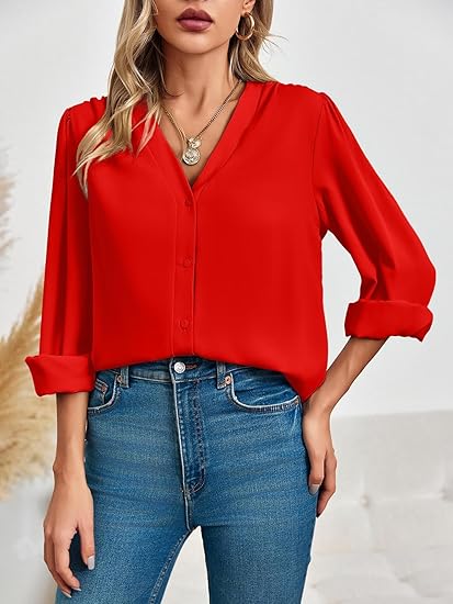 Tankaneo Business Casual Tops Summer Long Sleeve Button Down Shirts V Neck Chiffon Blouses