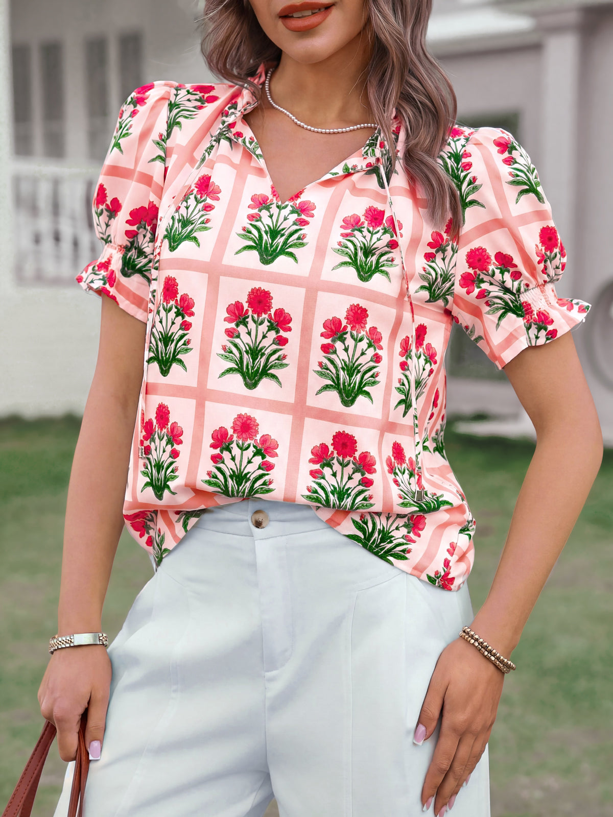 Tankaneo Womens Summer Floral Ruffle V Neck Blouses Dressy Casual Puff Short Sleeve Loose Fit Boho Shirts Tops