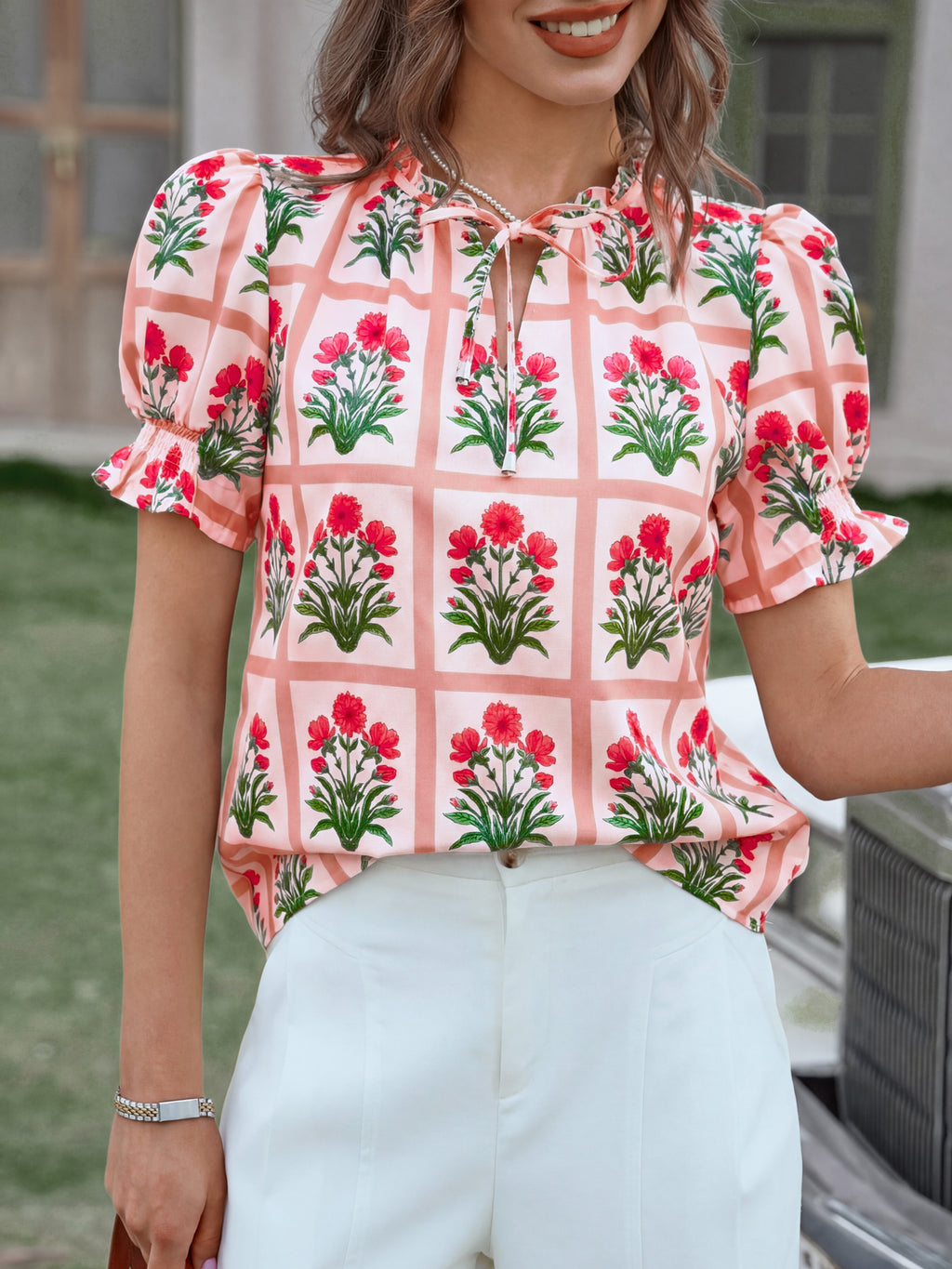 Tankaneo Womens Summer Floral Ruffle V Neck Blouses Dressy Casual Puff Short Sleeve Loose Fit Boho Shirts Tops