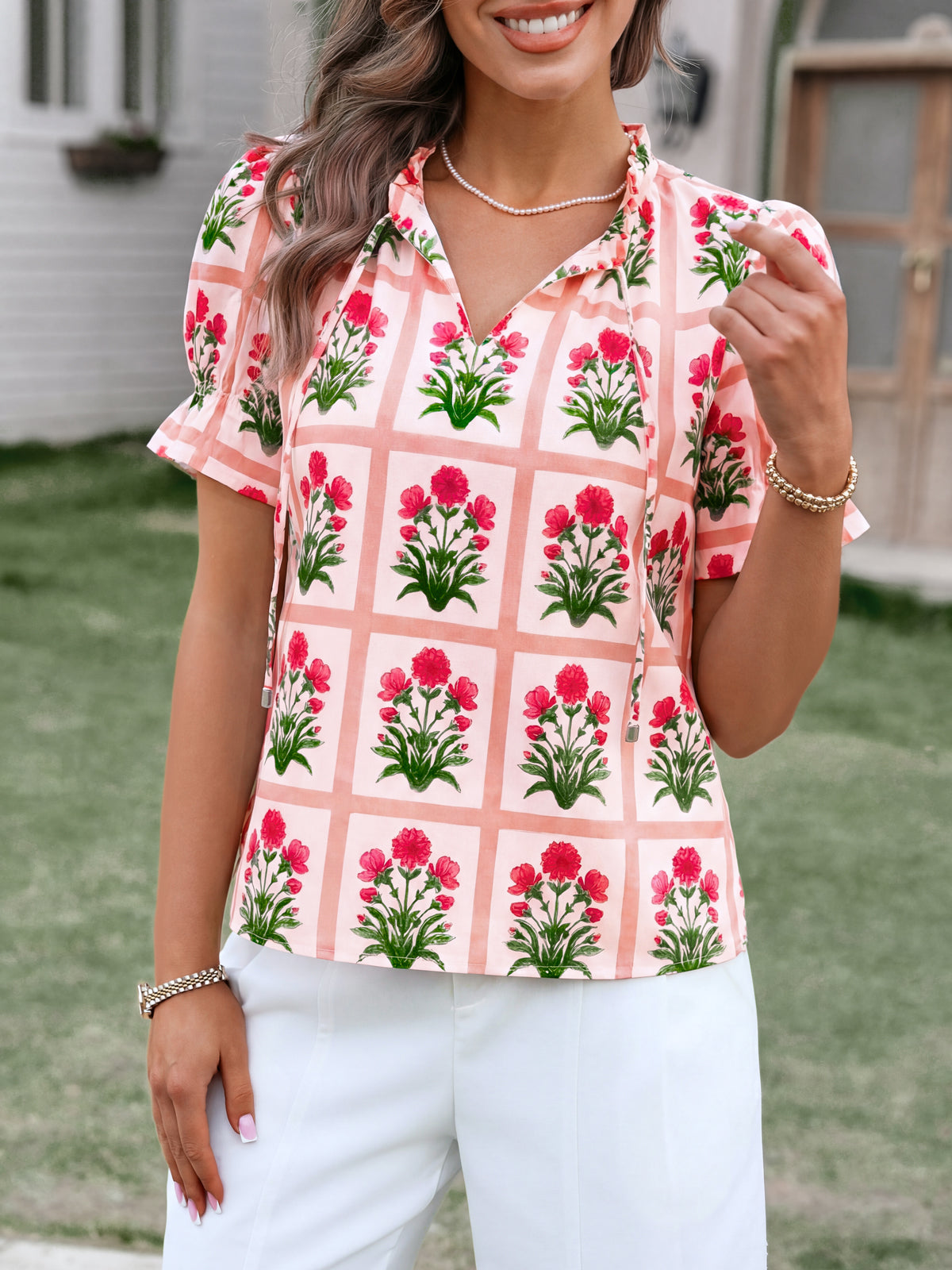 Tankaneo Womens Summer Floral Ruffle V Neck Blouses Dressy Casual Puff Short Sleeve Loose Fit Boho Shirts Tops