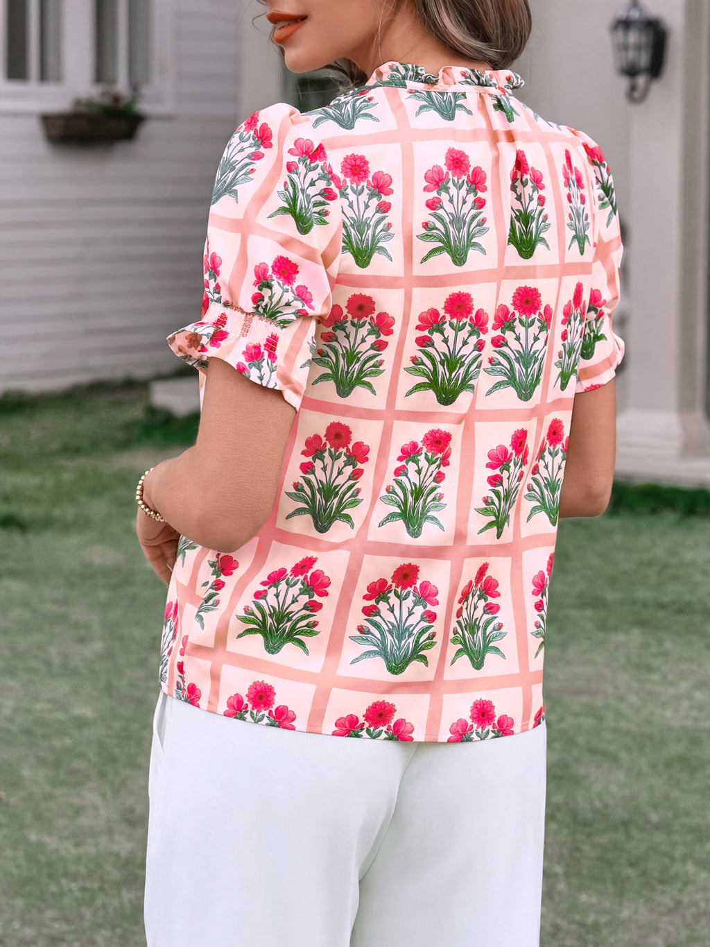 Tankaneo Womens Summer Floral Ruffle V Neck Blouses Dressy Casual Puff Short Sleeve Loose Fit Boho Shirts Tops