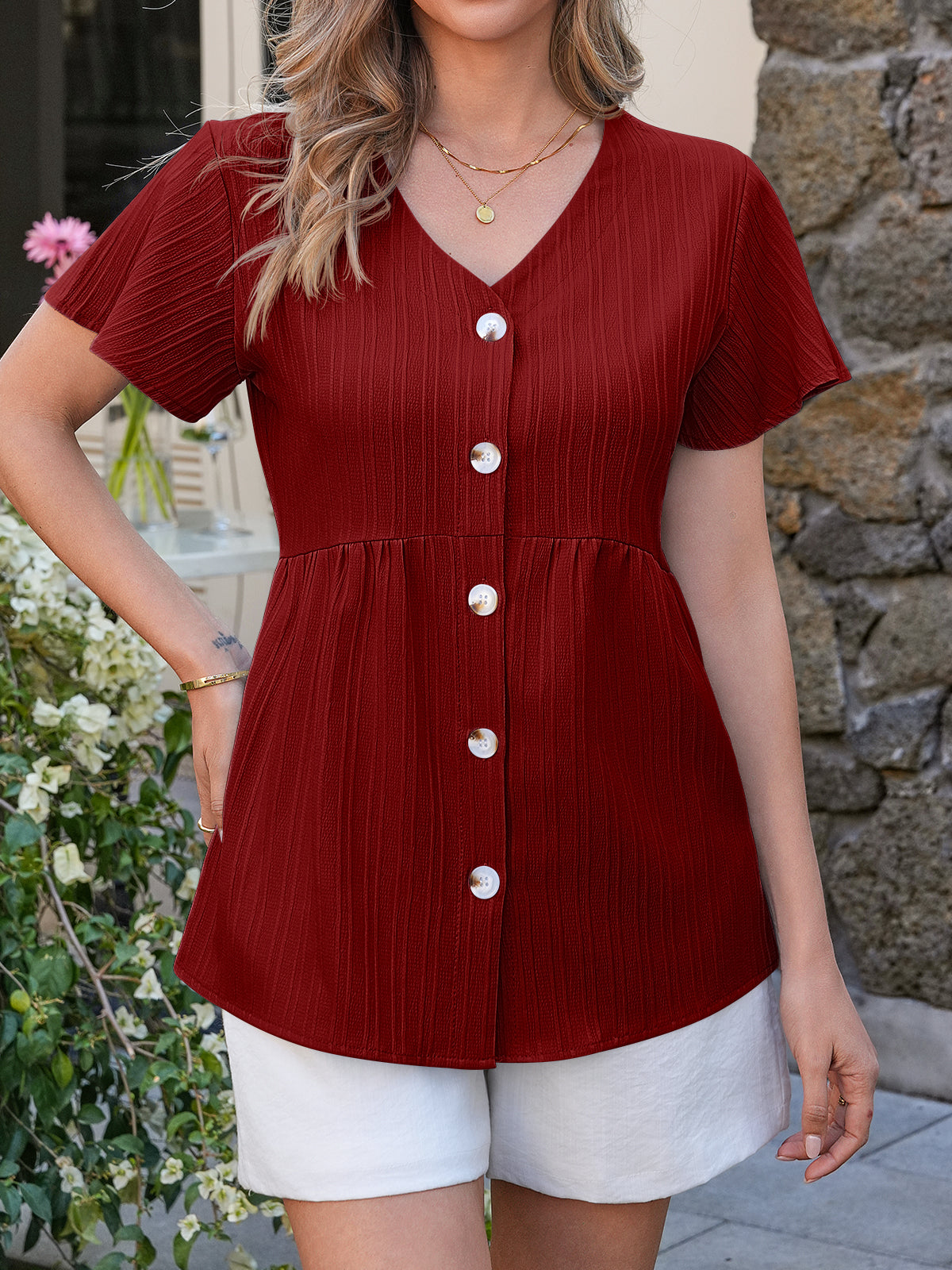 Tankaneo Womens Short Sleeve Blouse Casual Button Down V Neck Babydoll Shirt Loose Fit Ruffle Hem Peplum Tops