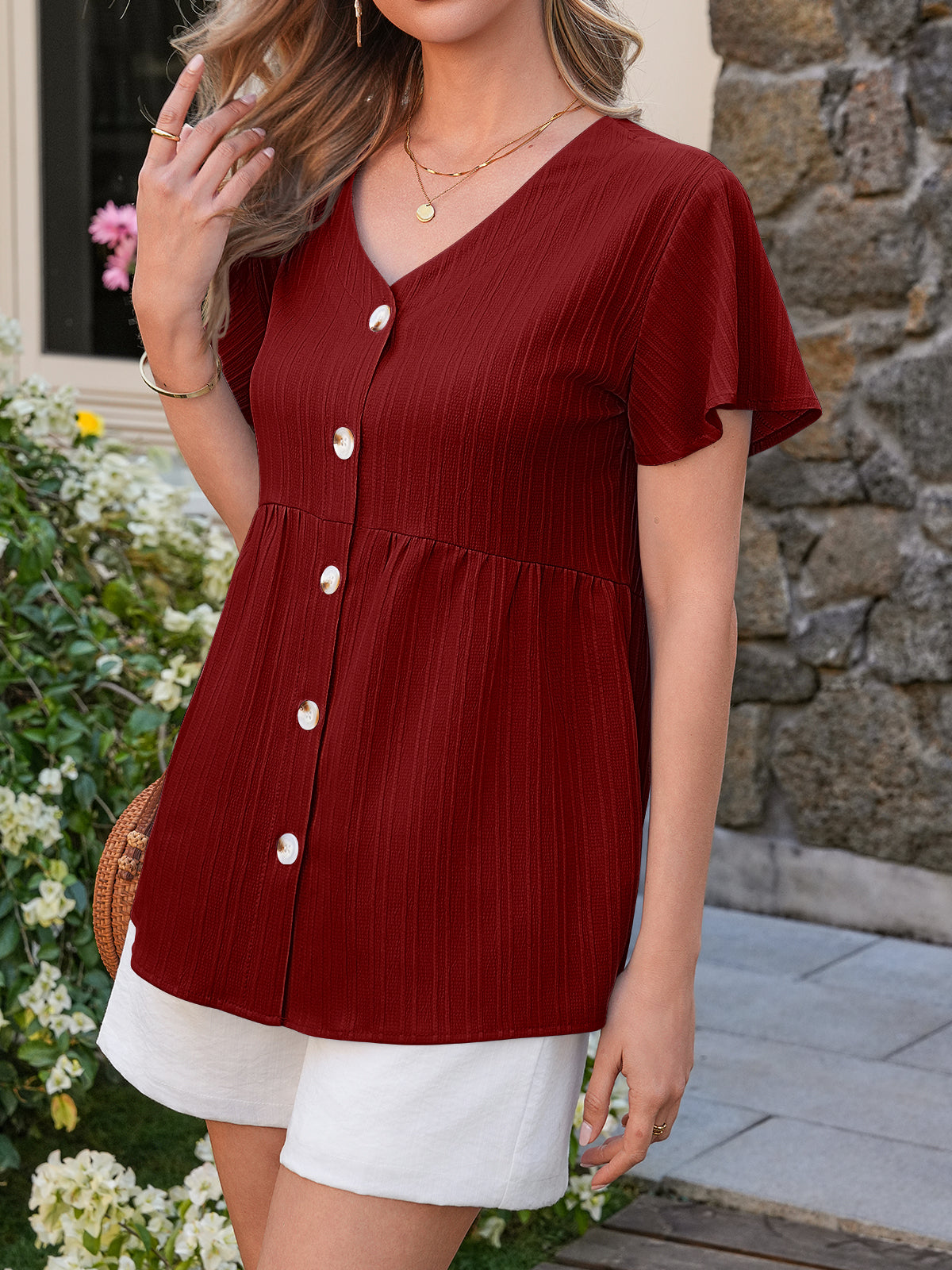 Tankaneo Womens Short Sleeve Blouse Casual Button Down V Neck Babydoll Shirt Loose Fit Ruffle Hem Peplum Tops